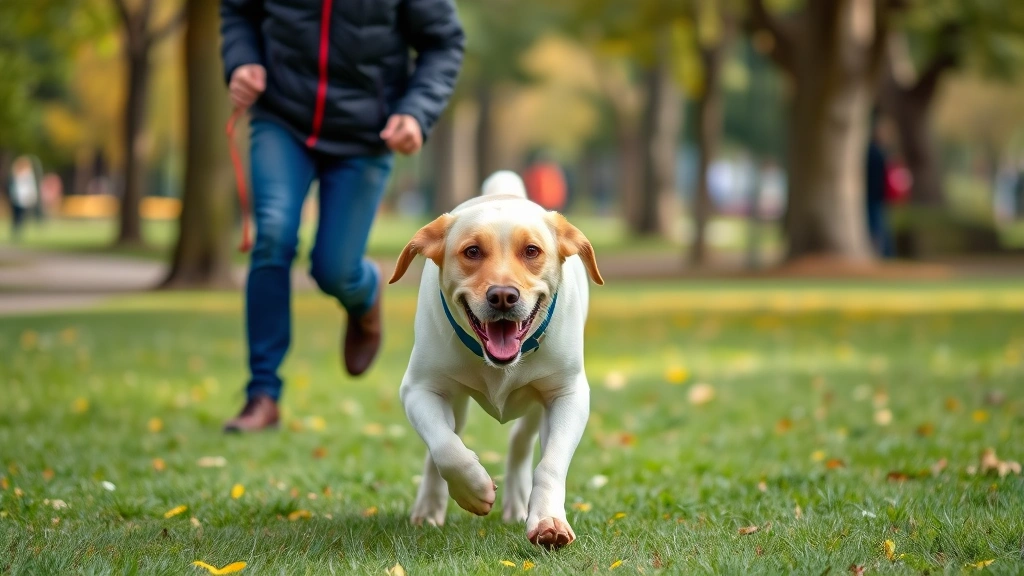 Happy Labrador running through park with owner, demonstrating exercise and outdoor activity for digestive health