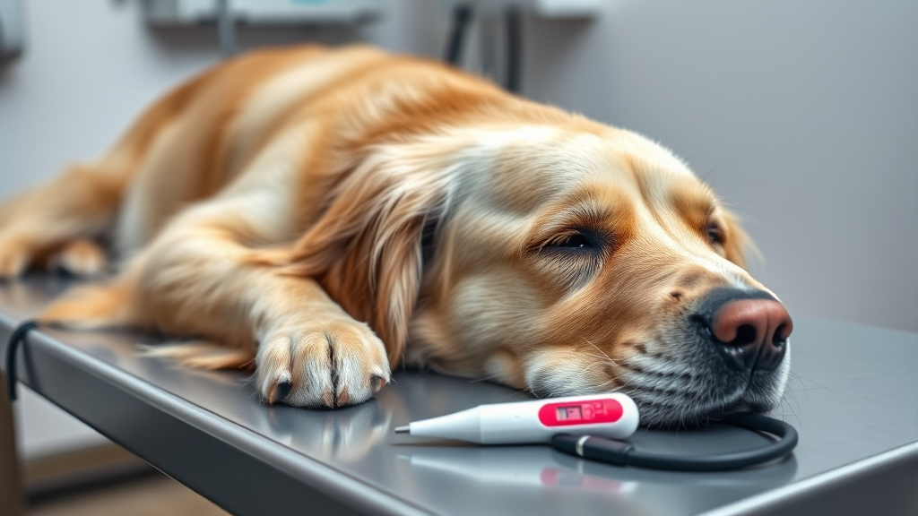 Sick golden retriever lying on veterinary examination table with thermometer nearby, no text no words no letters