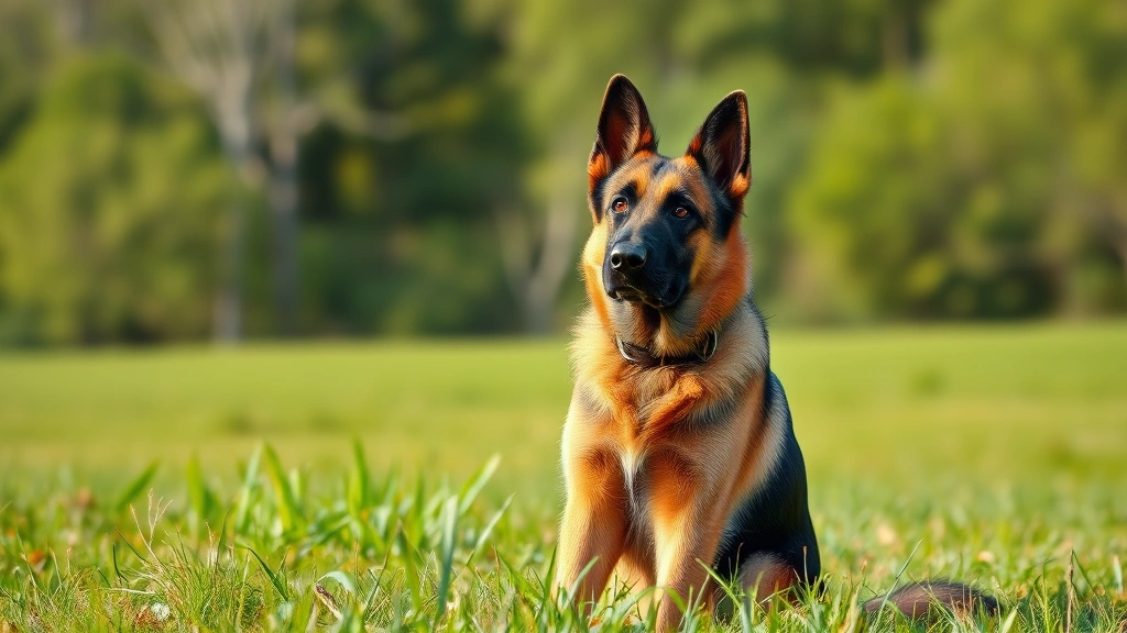 A German Shepherd dog sitting alert in a grassy field with trees in the background, showing attentive expression and posture, natural daylight