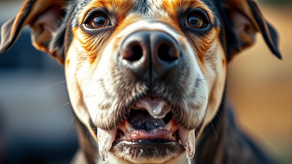 Close-up of a dog's face showing excessive drooling and foam around the mouth, concerned expression, natural lighting against blurred background