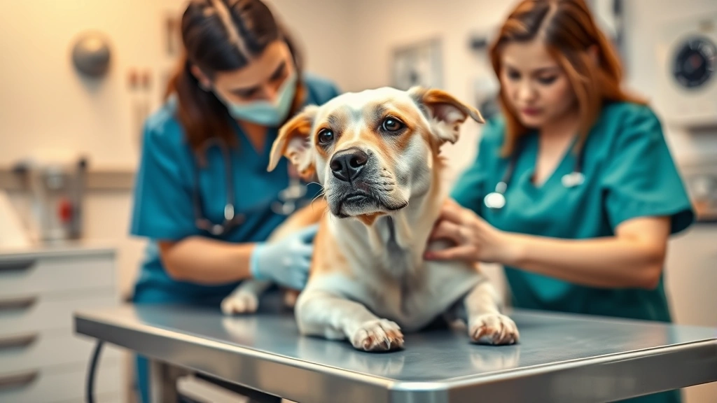 A veterinarian examining a nervous or anxious dog on an examination table with medical equipment visible, professional clinic setting with warm lighting
