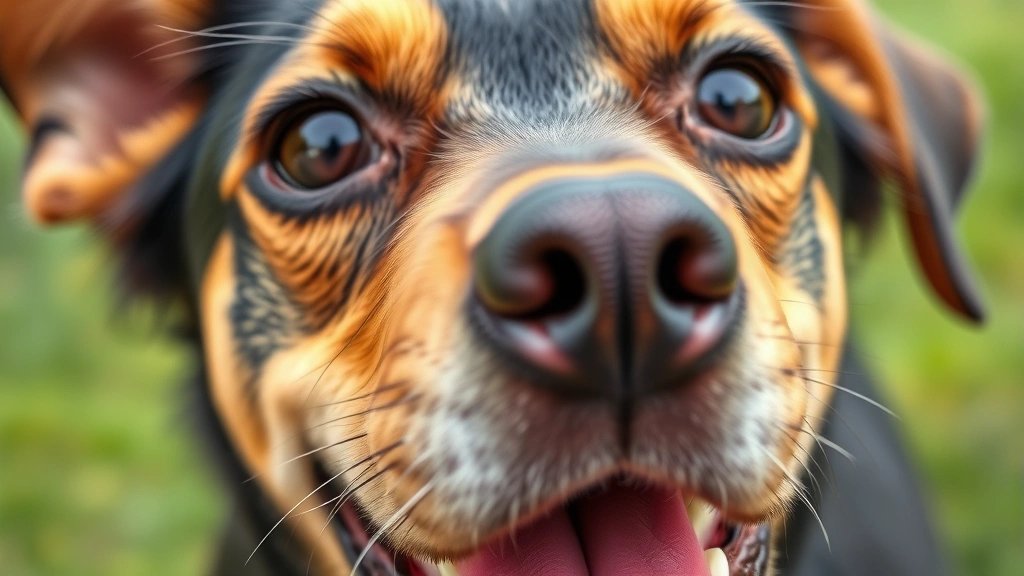Close-up of a healthy dog's face showing clear, bright eyes and pink gums, photorealistic style, outdoor natural lighting