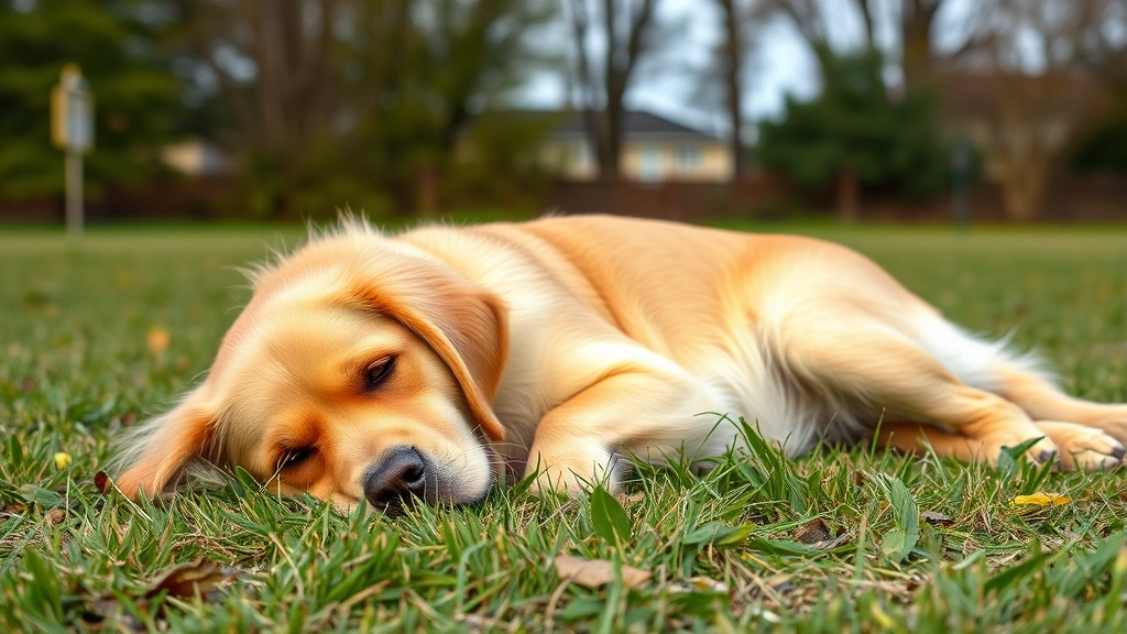 Golden retriever lying on grass outdoors looking uncomfortable or unwell, realistic photography, daytime setting
