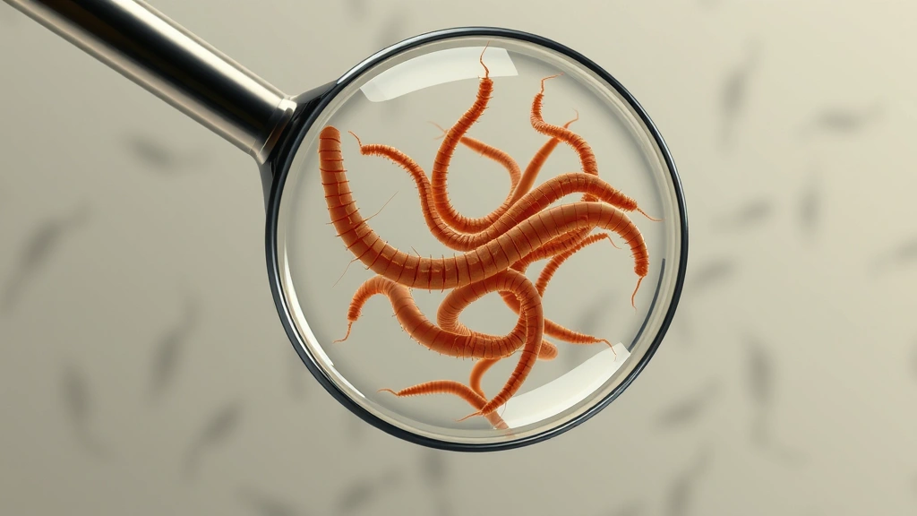 Magnified view of parasitic worms against a neutral background, scientific illustration style, photorealistic rendering