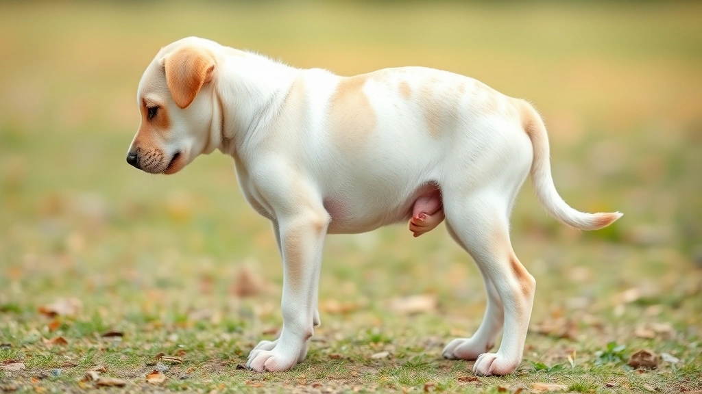 Side profile of a puppy with visibly distended abdomen, standing position, natural daylight, showing bloated belly characteristic of worm infection
