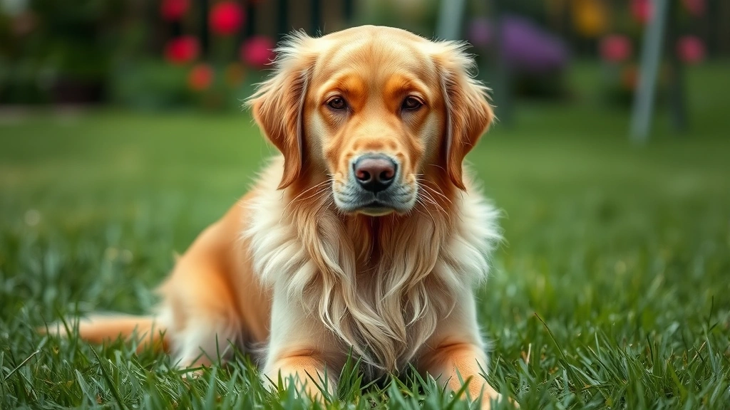 A golden retriever sitting uncomfortably in grass, looking distressed and straining, with a blurred garden background