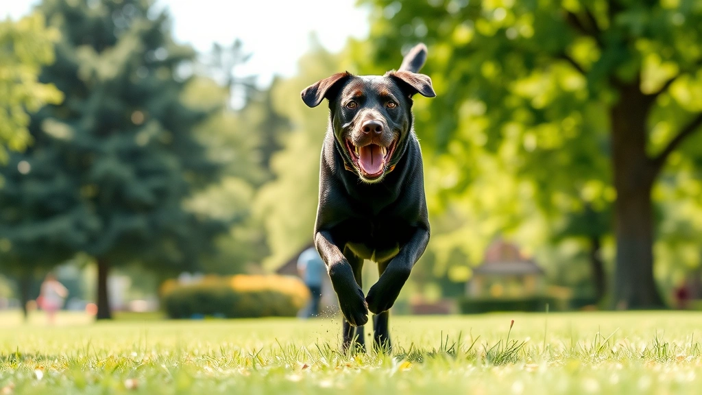 A healthy labrador running energetically through a grassy park during daytime, showing active movement and vitality