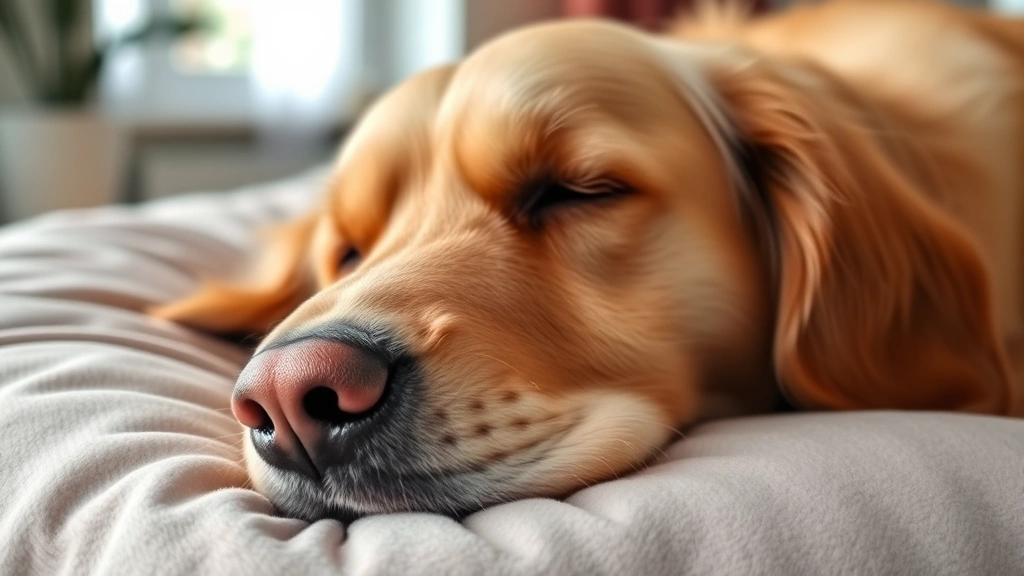 Senior golden retriever with gray muzzle resting peacefully on soft bed, eyes closed, serene expression, natural indoor lighting