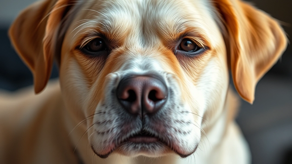 Close-up of elderly dog's face showing cloudy eyes and pale gums, gentle lighting, peaceful demeanor