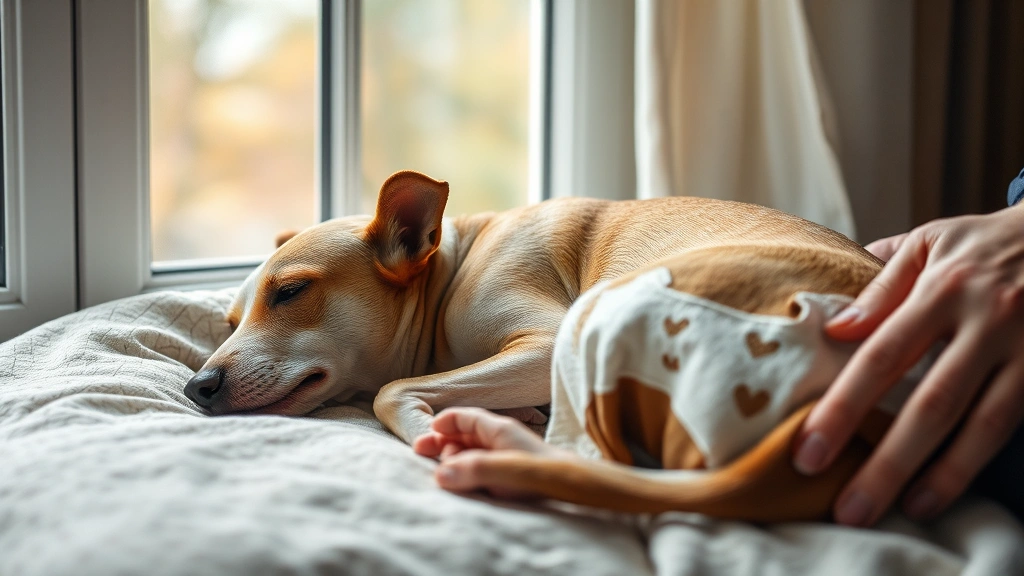 Frail dog lying on comfortable bedding near window, weak posture, attentive owner's hand nearby, soft natural light