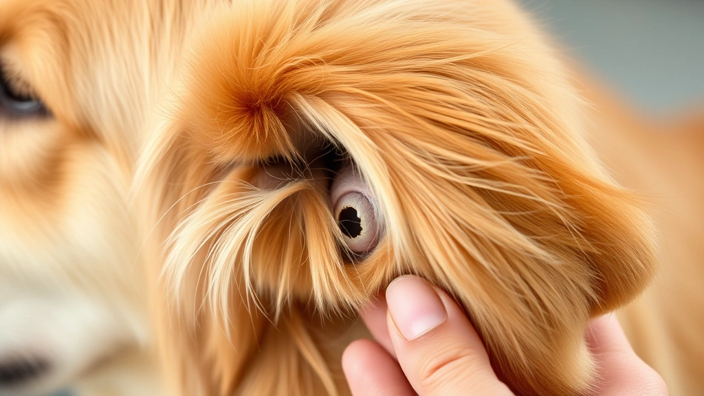 Golden Retriever with ear held gently, showing the inside of a healthy dog ear canal, soft natural lighting, close-up detail shot