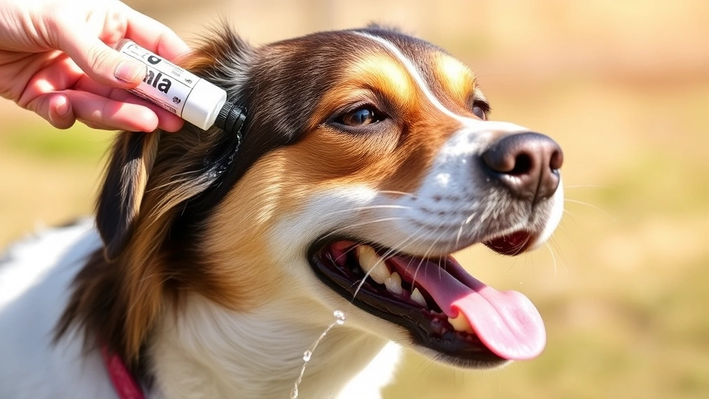 Dog happily shaking head after ear cleaning solution application, water and debris flying, joyful expression, outdoor setting with sunlight