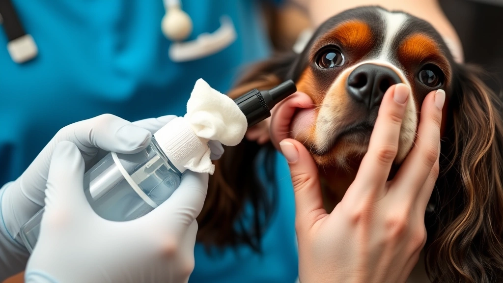 Groomer's hands holding cotton ball and cleaning solution bottle near a Spaniel's ear, demonstrating proper ear cleaning technique, professional setting