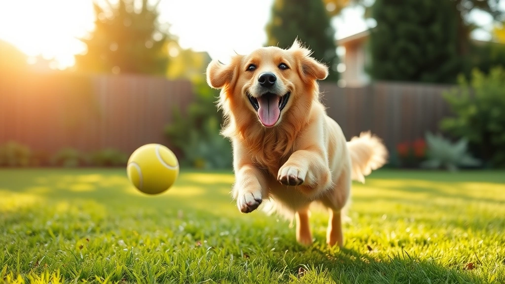Golden retriever happily playing fetch with tennis ball in green backyard, mid-jump with tongue out, sunny afternoon lighting