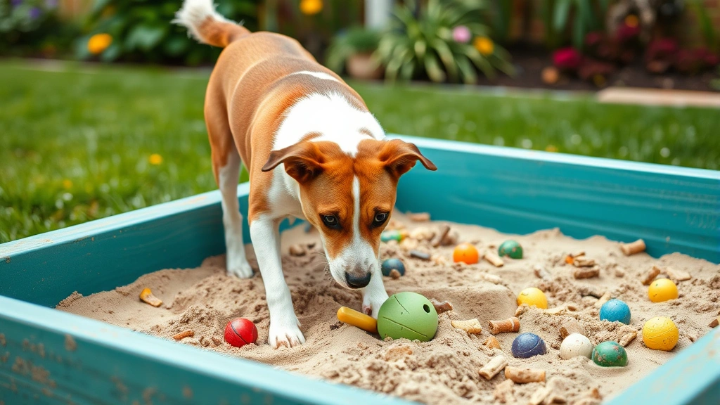 Brown and white dog digging in designated sandbox area filled with toys and treats, focused expression, garden background