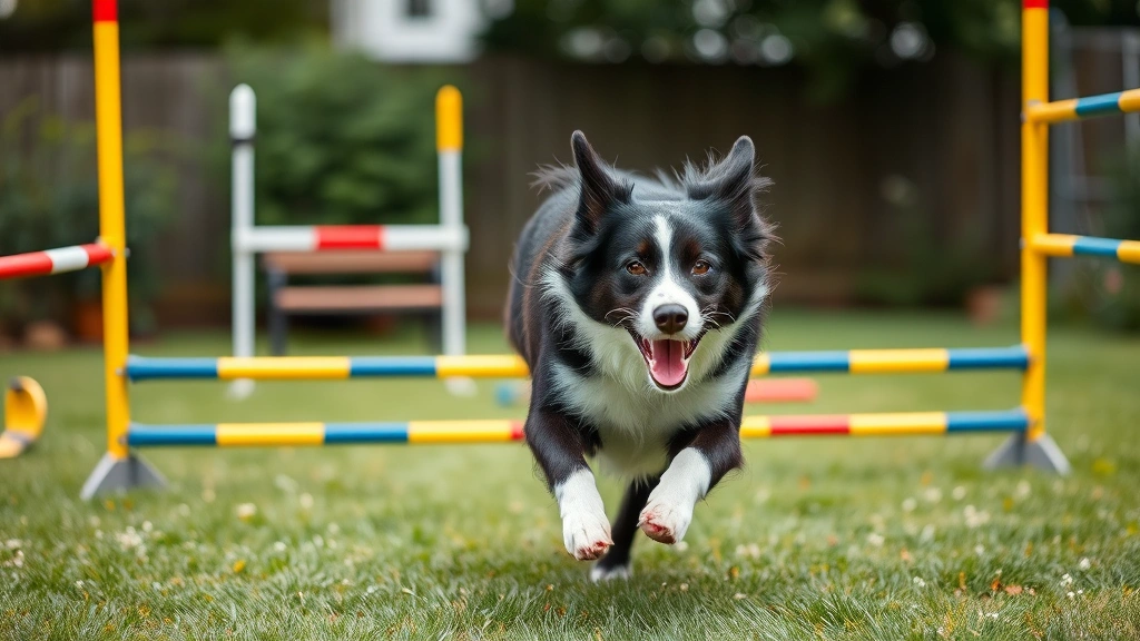 Energetic border collie running through obstacle course in backyard with agility equipment, pure joy and motion captured