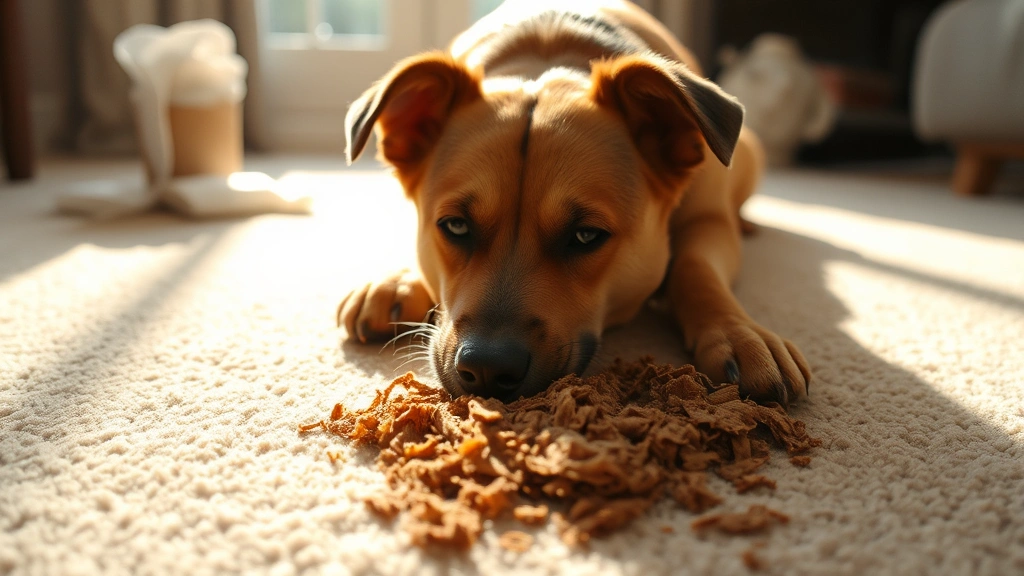 Close-up of fresh dog waste on light beige carpet with paper towels nearby, morning sunlight streaming through window