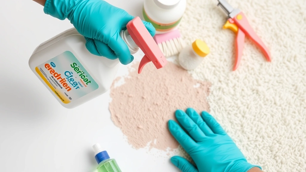 Hands wearing gloves applying enzymatic cleaner spray to carpet stain, professional cleaning supplies arranged on white background