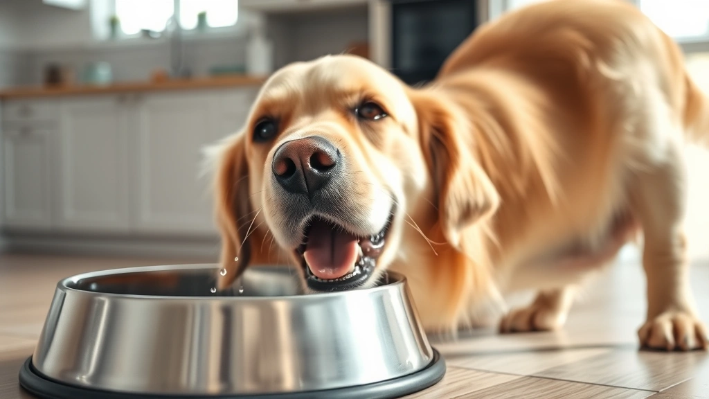 Golden retriever happily drinking from a stainless steel water bowl in a bright kitchen, water droplets visible on nose