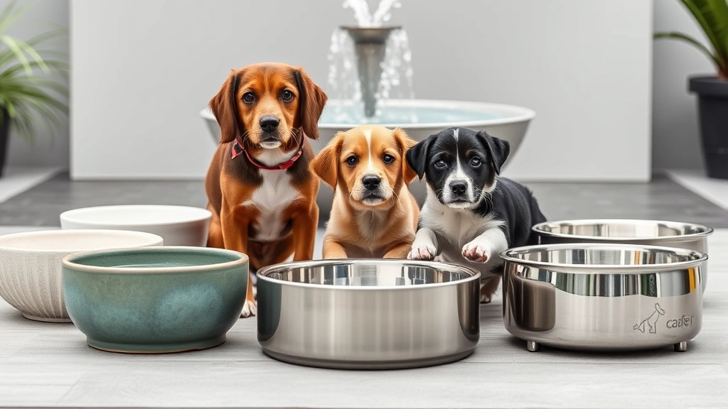 Multiple dog water bowls of different styles arranged together, including ceramic, stainless steel, and a modern water fountain in background