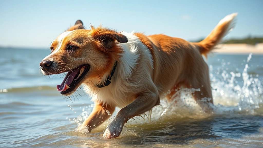 Energetic dog playing in shallow water or running outdoors on sunny day, appearing hydrated and healthy with wet fur