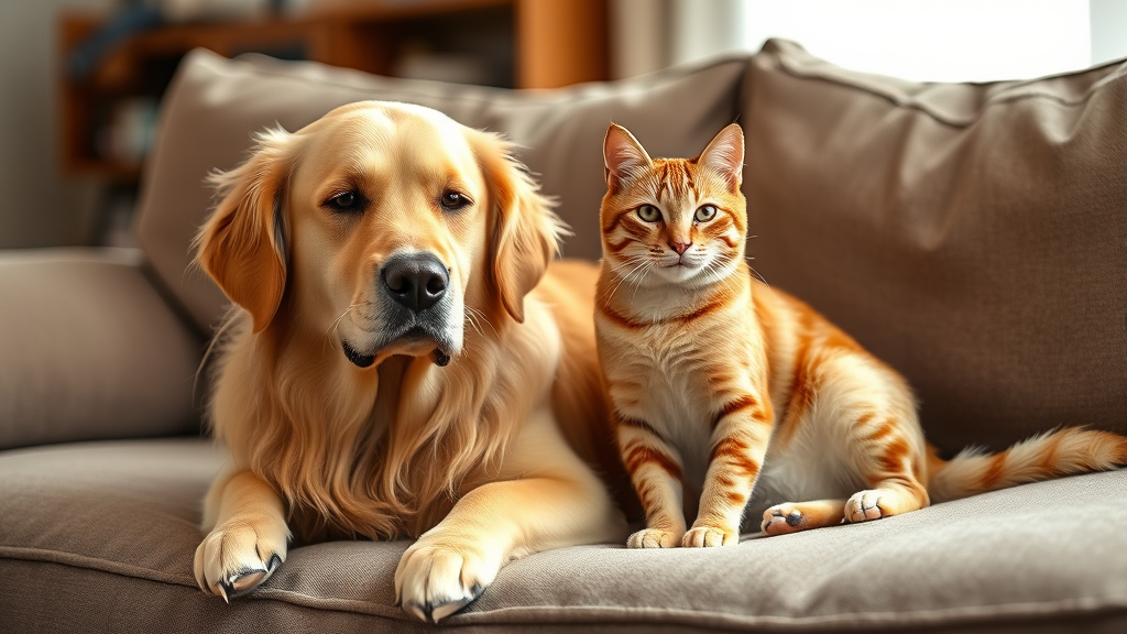 Golden retriever and orange tabby cat sitting peacefully together on living room couch, natural lighting, warm home setting, no text no words no letters