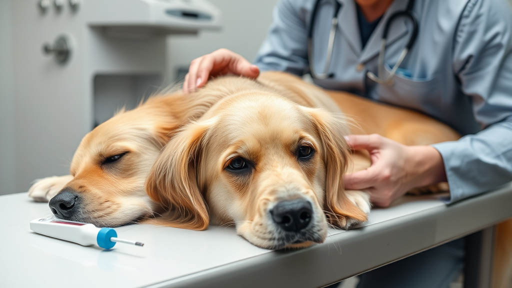 Concerned owner checking sick golden retriever dog lying on veterinary examination table with thermometer nearby no text no words no letters