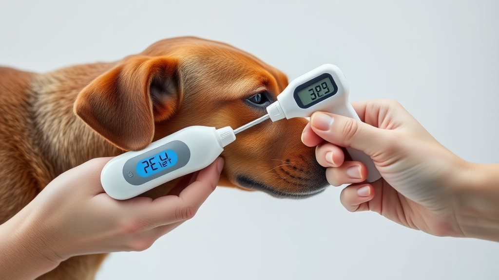 Close up hands gently taking rectal temperature of calm brown dog using digital pet thermometer with lubricant no text no words no letters
