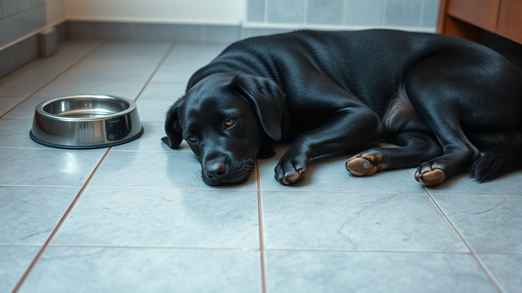 Lethargic black labrador dog lying on cool tile floor looking unwell with water bowl nearby no text no words no letters