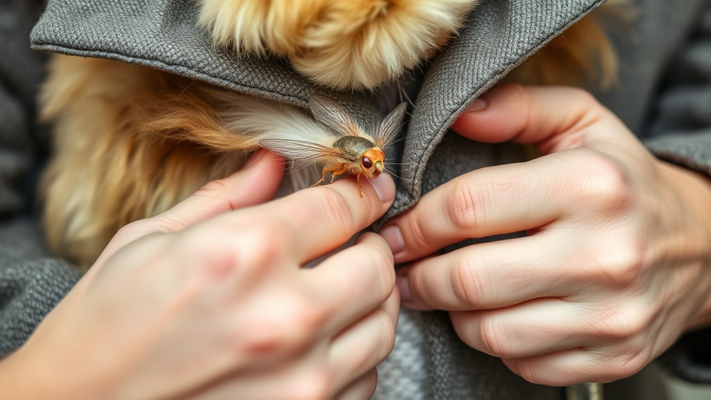 Close-up of person examining dog fur for fleas with hands parting coat, no text no words no letters