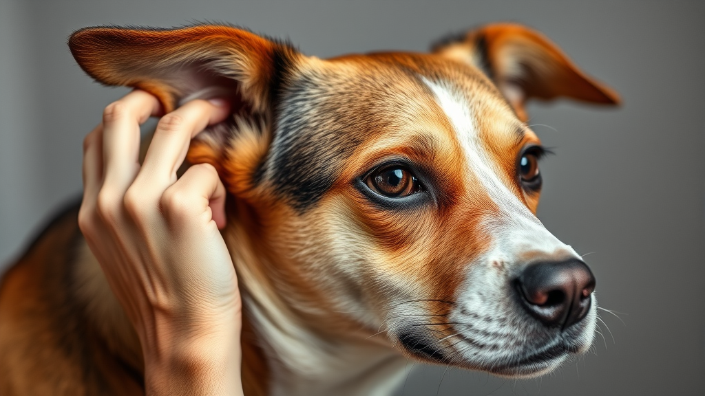 Dog scratching behind ear with concerned expression showing flea irritation, no text no words no letters