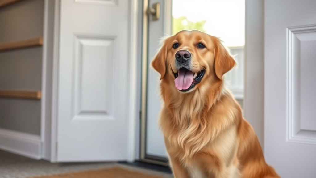 Happy golden retriever sitting by front door waiting to go outside, bright natural lighting, no text no words no letters
