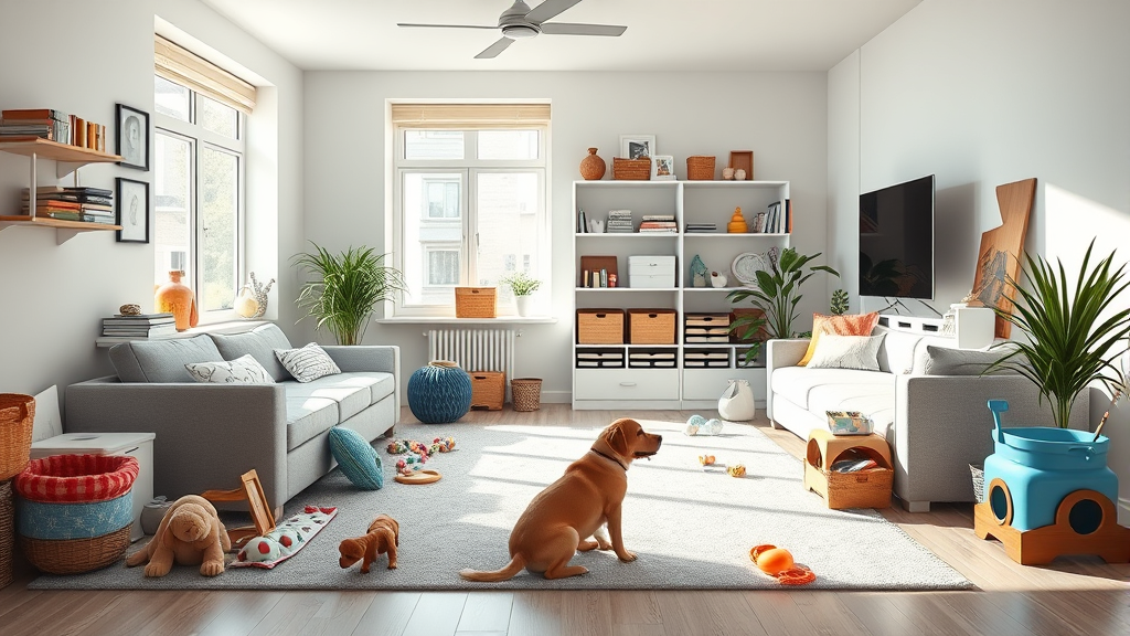 Clean modern living room with dog toys and training supplies organized neatly, sunlight streaming through windows, no text no words no letters