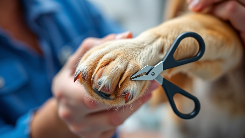 Close-up of a dog's front paw being gently held by human hands, nail clippers positioned near the nail, professional grooming setting with soft lighting