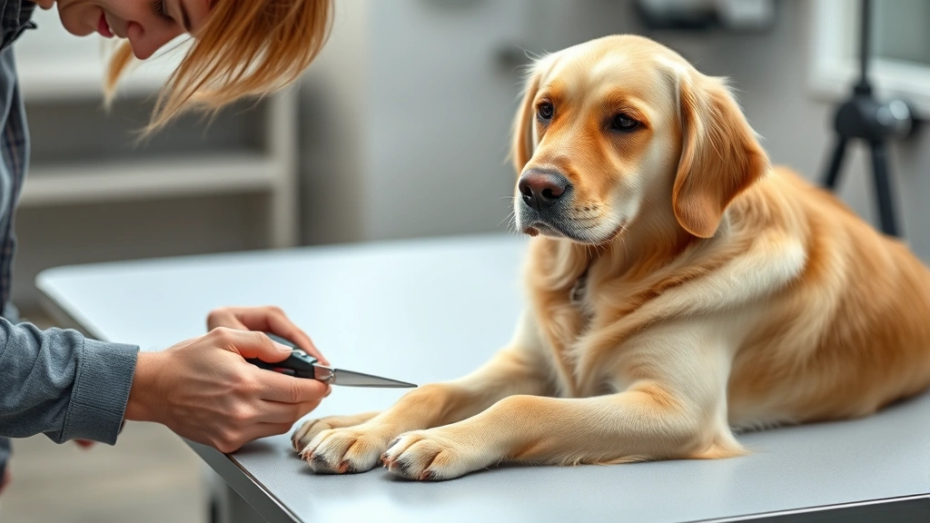 Golden retriever sitting calmly on a grooming table, owner carefully trimming nails with scissor clippers, focused expression, bright natural light