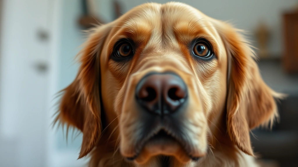 Close-up of a concerned golden retriever's face looking at the camera, indoor lighting, soft focus background, dog appears attentive and slightly anxious