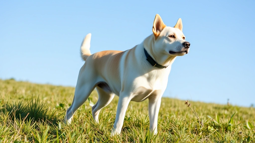 Wide shot of a light-colored dog standing in grass during daytime, alert posture, natural outdoor lighting, clear blue sky visible