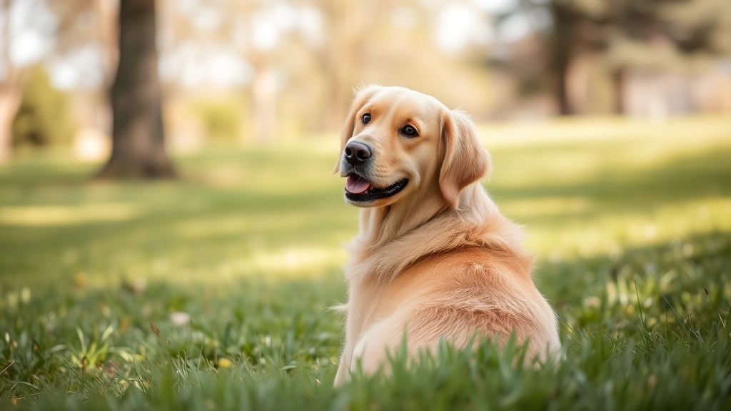 Golden retriever sitting in grass during daytime, looking back at camera with alert expression, outdoor park setting with trees blurred in background