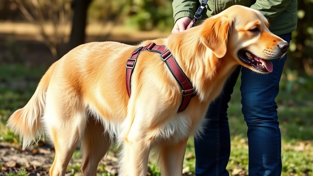 Golden Retriever standing calmly while owner demonstrates proper harness fitting on chest, showing correct strap placement and adjustment, outdoor natural lighting