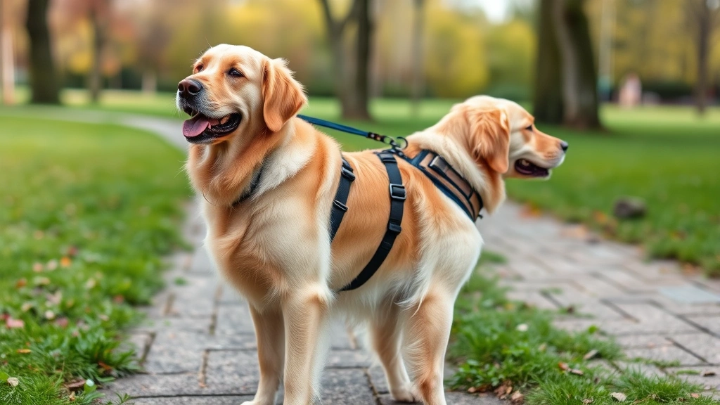 Golden Retriever standing calmly while wearing a back-clip harness, showing proper fit and positioning during a walk in a park