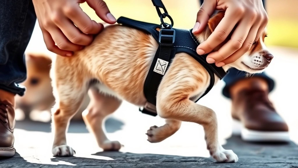 Small dog stepping into a harness with front legs visible going through openings, owner's hands gently guiding, bright daylight background