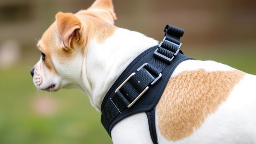 Close-up side view of a small terrier wearing a properly fitted front-clip harness, demonstrating correct strap placement and snugness