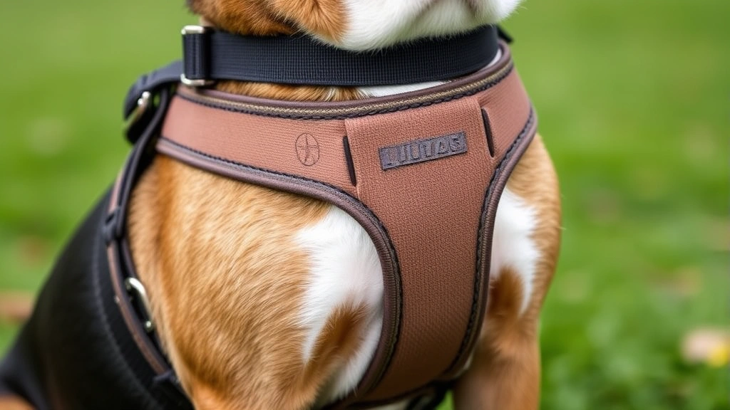 Close-up detail of properly fitted harness on medium-sized dog showing correct positioning of straps around torso and chest, demonstrating two-finger fit test