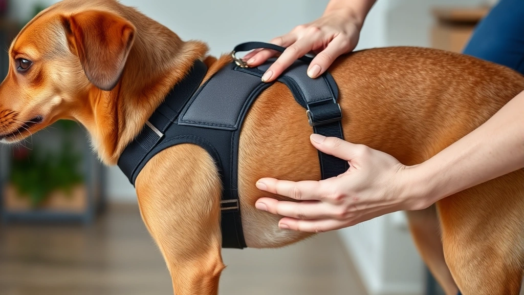 Hands gently guiding a brown mixed-breed dog's front leg through a harness armhole during the fitting process indoors