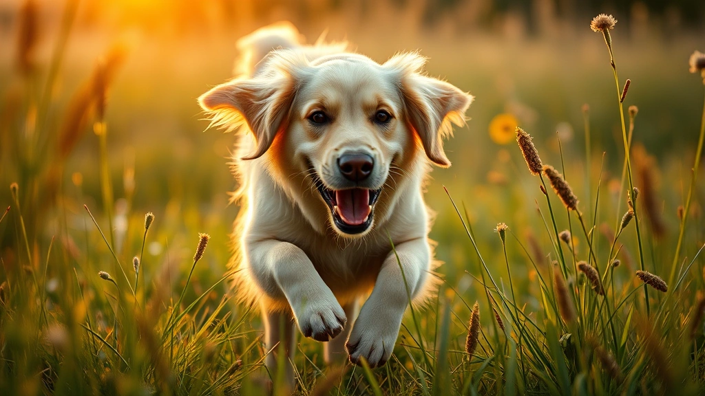 Close-up of a golden retriever playing in tall grass and wildflowers during golden hour, dog mid-pounce with joy and energy