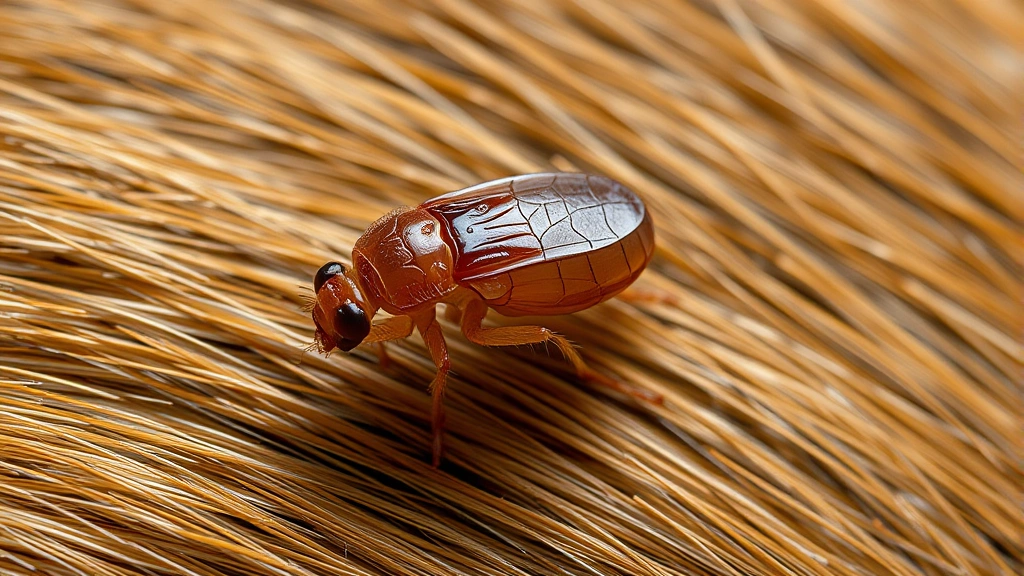 Detailed macro photograph of a flea on a dog's fur, showing the parasite's anatomy against the dog's coat texture