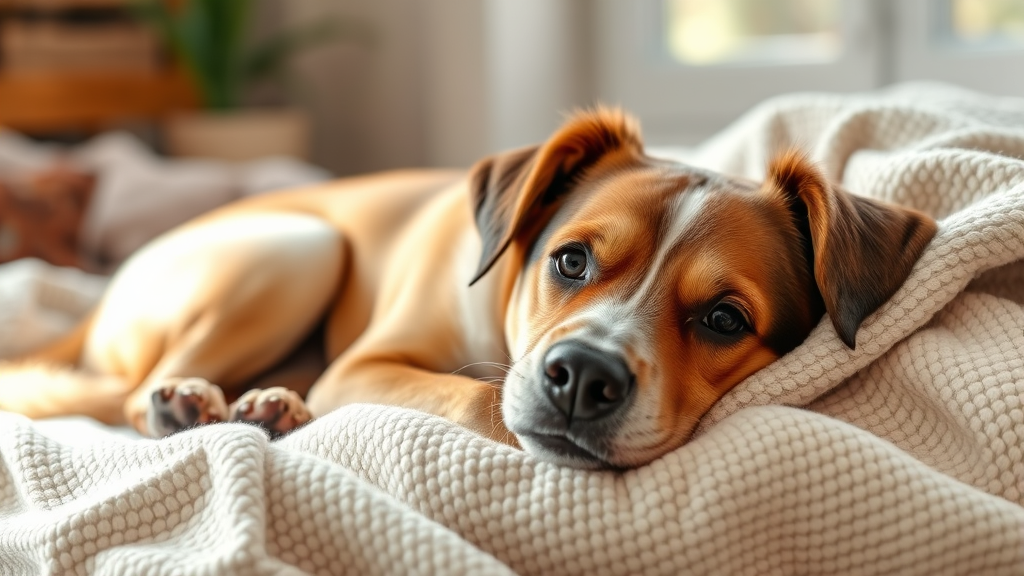 Female dog resting comfortably on soft blanket in cozy indoor setting, natural lighting, calm peaceful expression, no text no words no letters