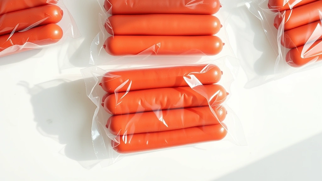 Photorealistic overhead shot of fresh hot dogs in vacuum-sealed packaging on a clean white countertop, natural daylight, vibrant red sausages visible through clear packaging
