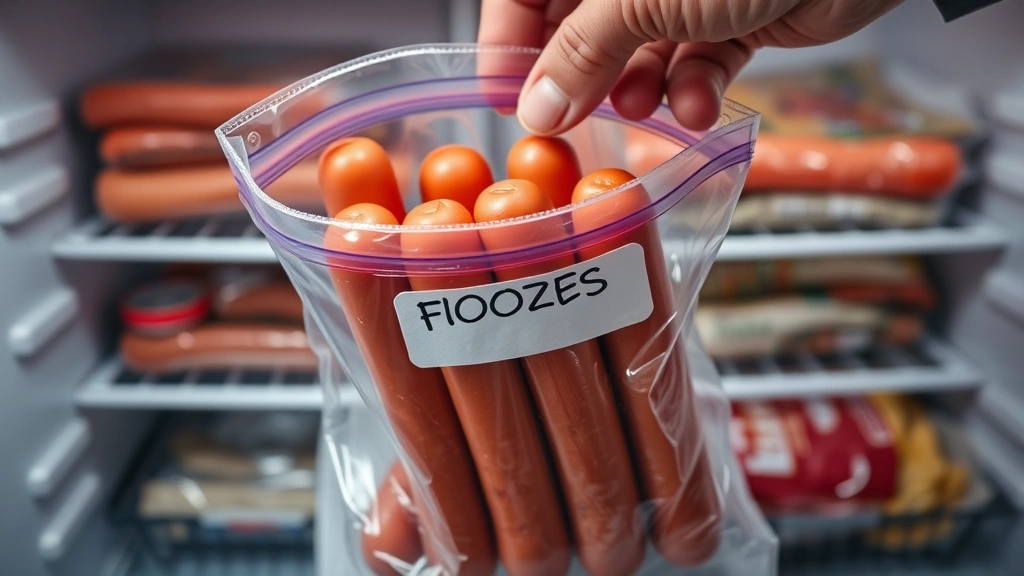 Photorealistic close-up of a hand placing hot dogs into a labeled freezer bag, frost visible on the bag, organized freezer compartment in background, professional food storage technique