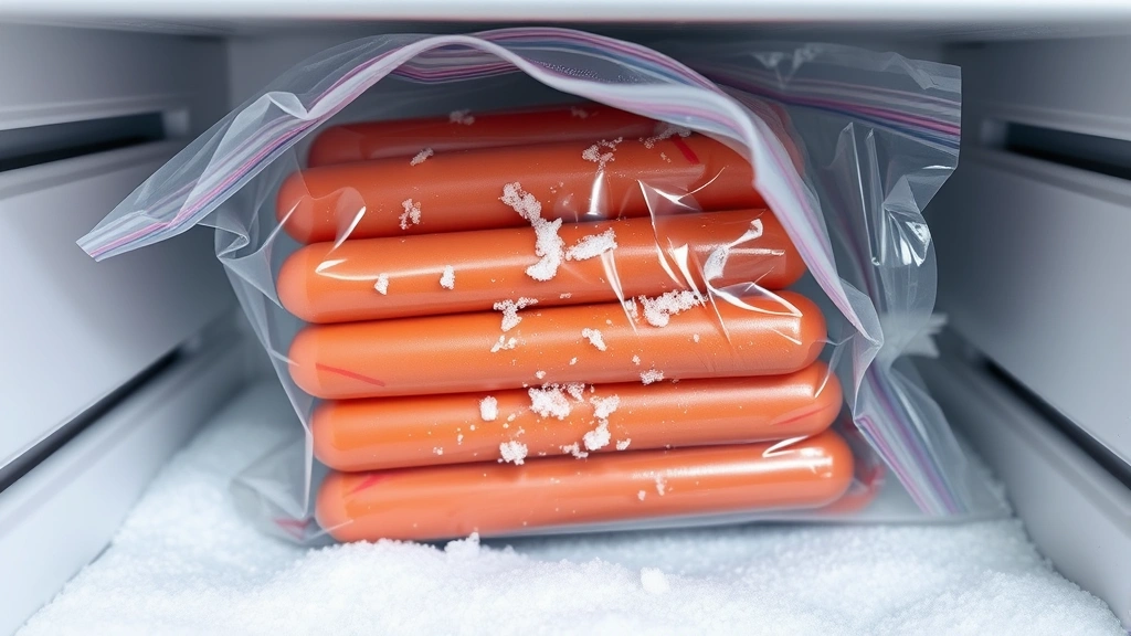 Vacuum-sealed bag of frozen hot dogs in a freezer with frost crystals, showing proper long-term storage method clearly
